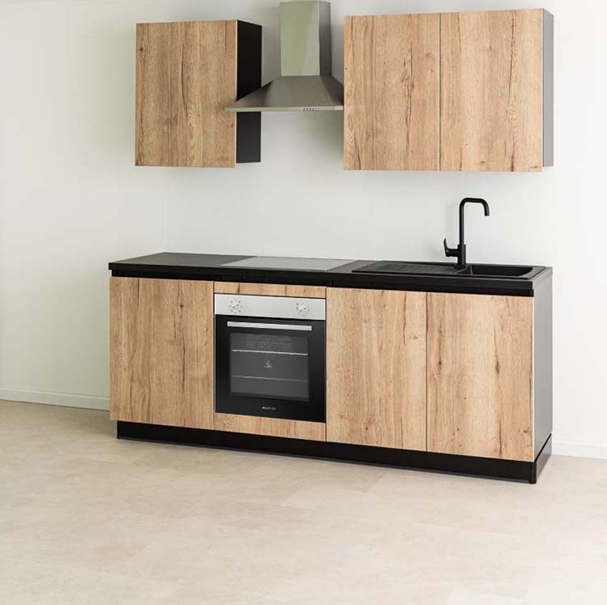 Cuisine Plenti noire/aspect bois 220cm - plaque de cuisson vitrocéramique et hotte murale en inox - avec appareils