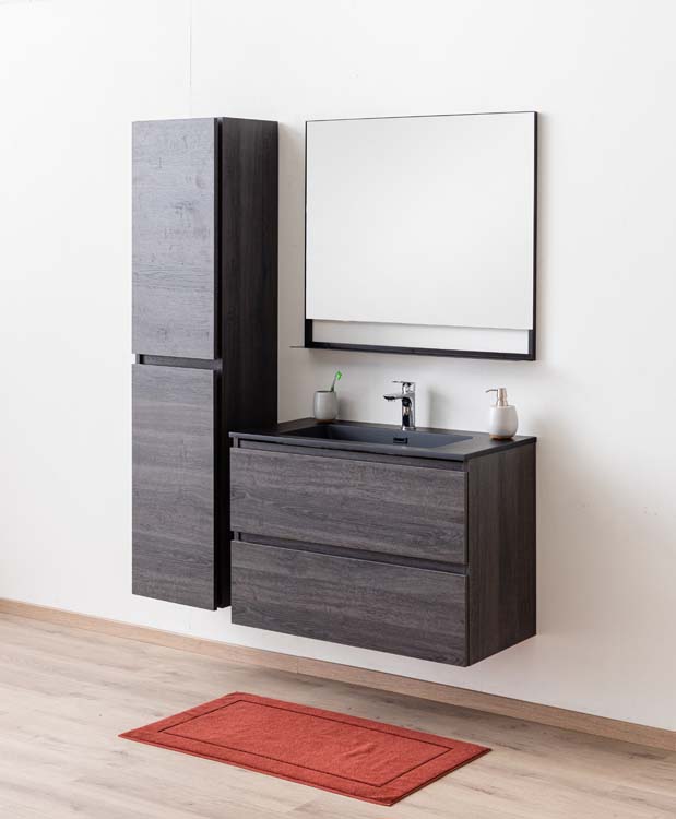 Badmeubel Dotan donker eik 900 mm wastafel zwart mat