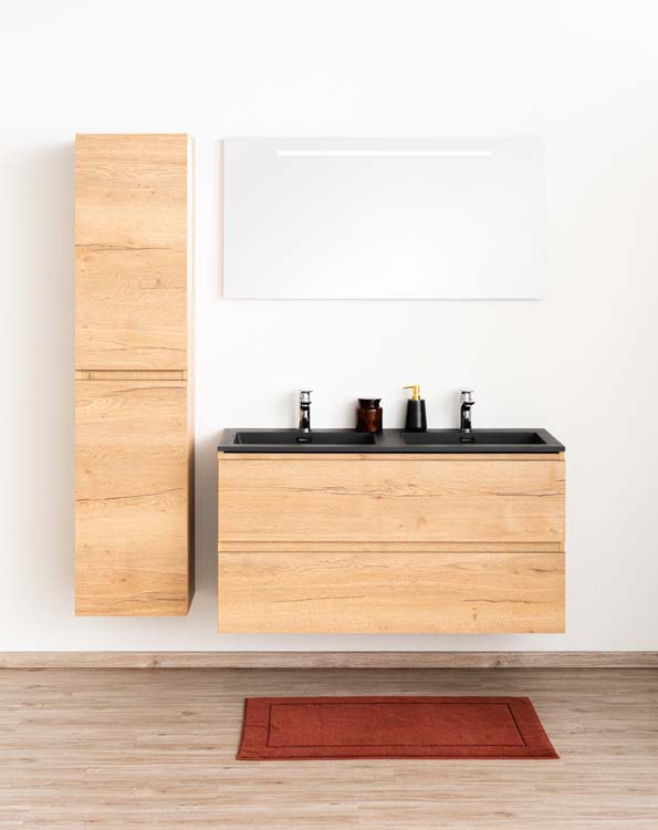 Badkamermeubel Daria eik goudbruin hangend met dubbele wastafel mat zwart 120cm