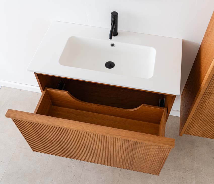 Meuble de salle de bain Fae chêne suspendu avec vasque simple blanc mat 90cm