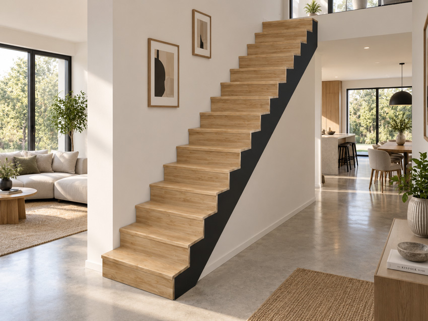Gesloten trap Lubeck eik zwarte wang recht 305x90cm aantrede 17cm