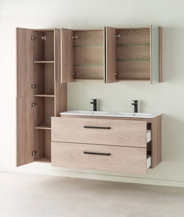 Badkamermeubel Bison eik hangend met dubbele wastafel mat wit 120cm
