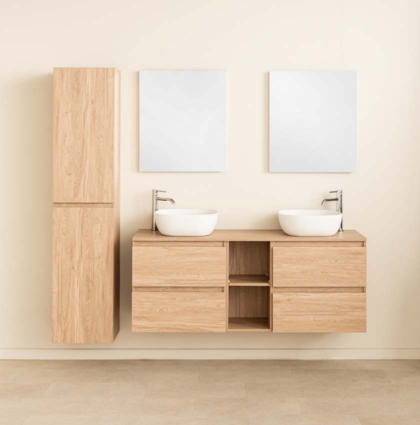 Meuble de salle de bains Bella chêne suspendu avec double vasque à poser blanc mat 150cm