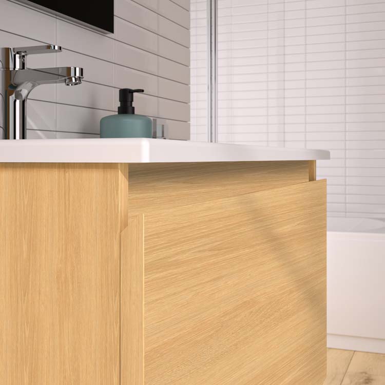 Meuble de salle de bains Atlas chêne suspendu avec lavabo simple blanc brilllant 80cm + miroir et éclairage