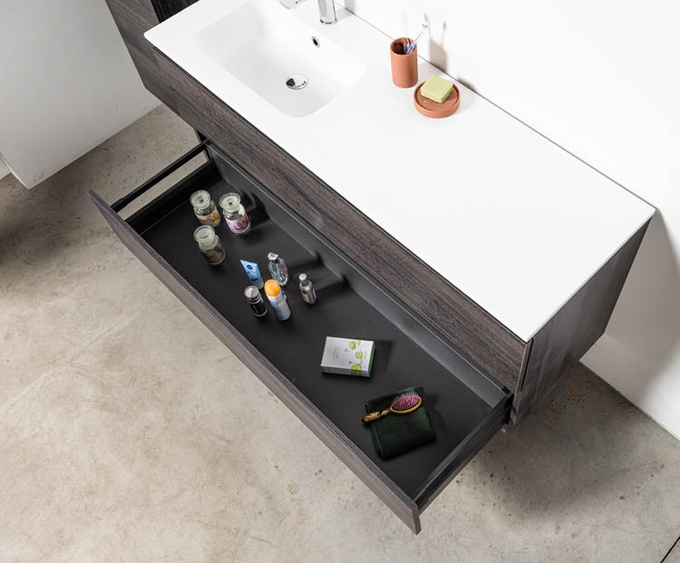 Meuble de salle de bain Dotan chêne foncé 1400 mm lavabo mat gauche