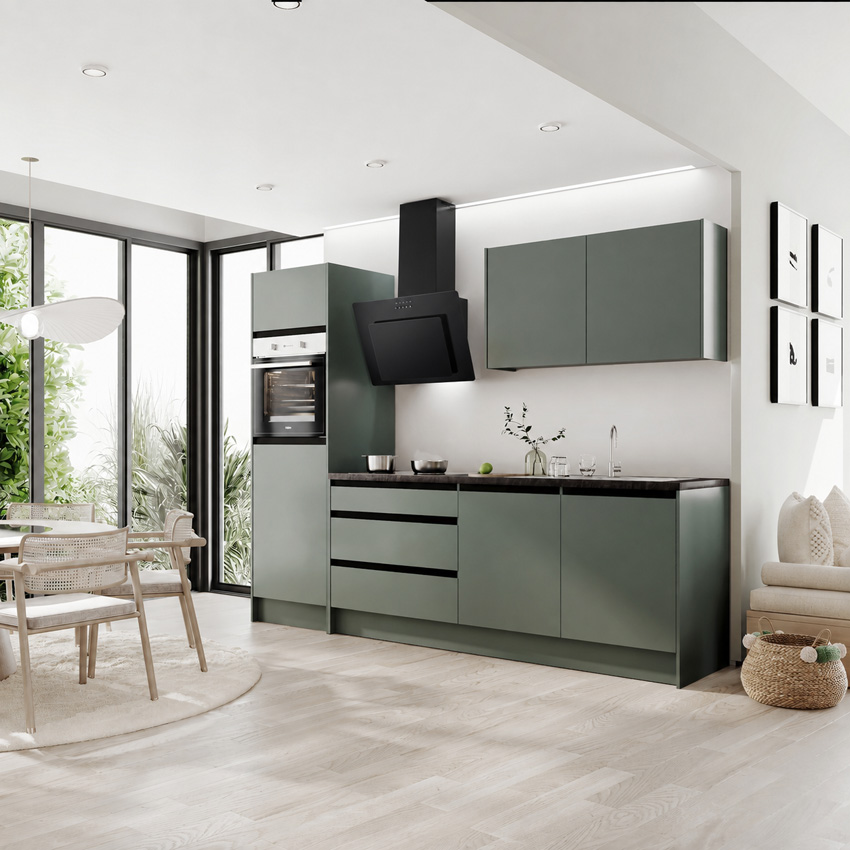 Cuisine Berlin verte 273cm - avec appareils - plaque de cuisson vitrocéramique et hotte murale noire