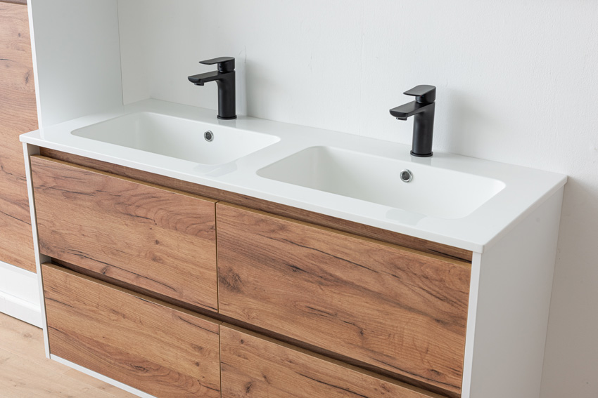 Meuble de salle de bains Treviso chêne/blanc avec double lavabo blanc brillant 120cm