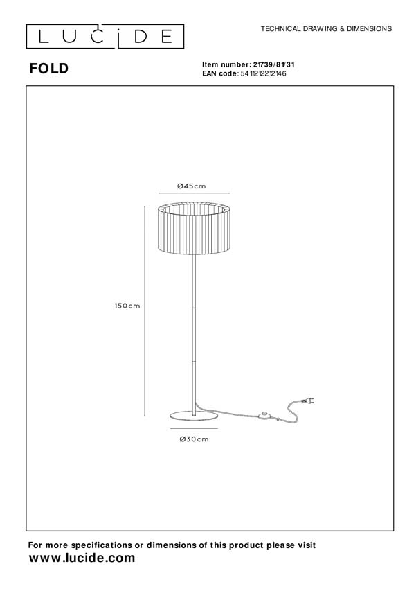 Lucide FOLD - Vloerlamp - Ø 45 cm - 1xE27 - Wit