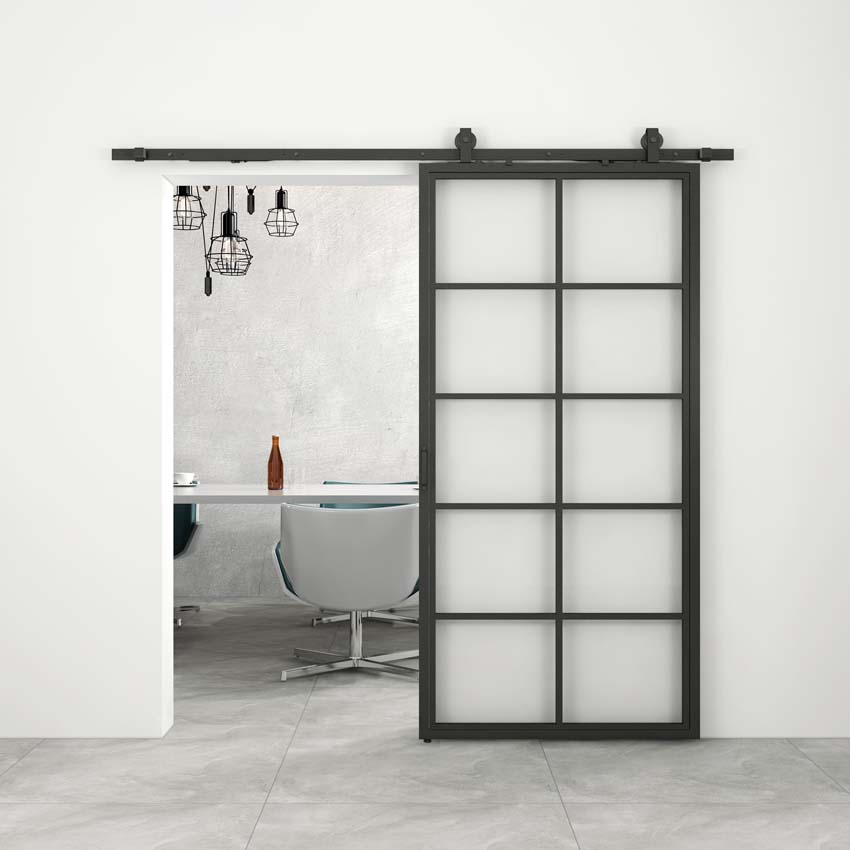 Complete enkele stalen schuifdeur Tyra mat glas 10R 93x213,4cm zwart + rail zwart