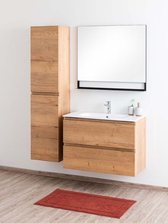 Meuble de salle de bains Daria chêne brun doré suspendu avec lavabo simple blanc brillant 90cm Meuble de salle de bains Daria chêne brun doré suspendu avec lavabo simple blanc brillant 90cm