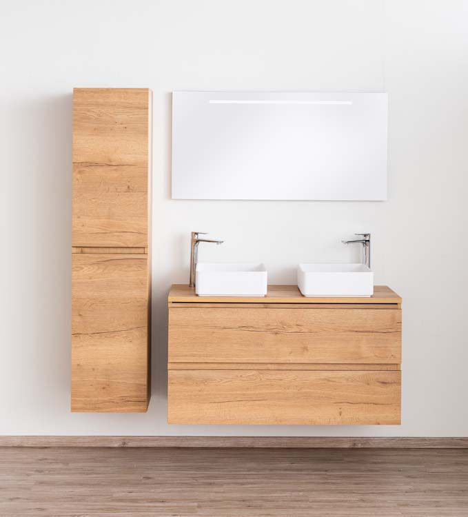 Badkamermeubel Daria eik goudbruin hangend met melamine topblad 120cm