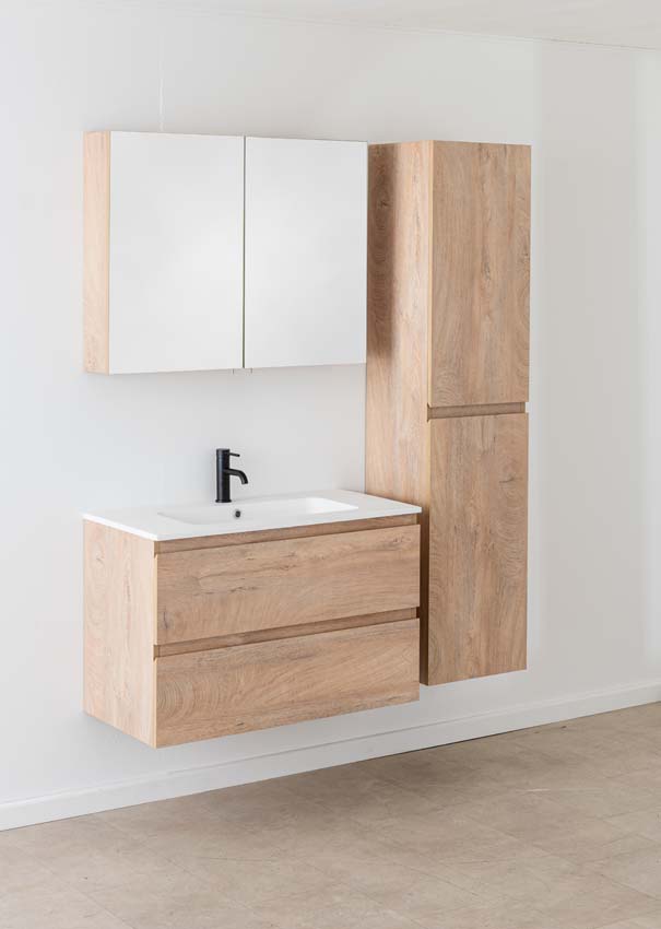 Meuble de salle de bain Tibo en chêne méditerranéen avec lavabo simple blanc mat 90cm