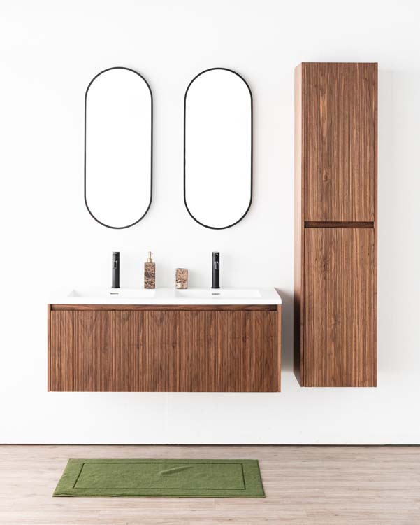 Meuble de salle de bains Warren noyer suspendu avec lavabo double blanc mat 120cm