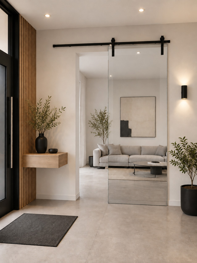 Porte coulissante simple complète Skyline Day verre clair sur mesure + rail noir