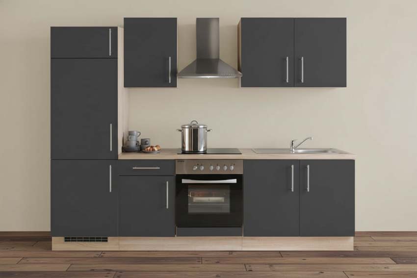 Cuisine Ymir grise mat/chêne 270cm - avec appareils - plaque de cuisson vitrocéramique et hotte murale en inox