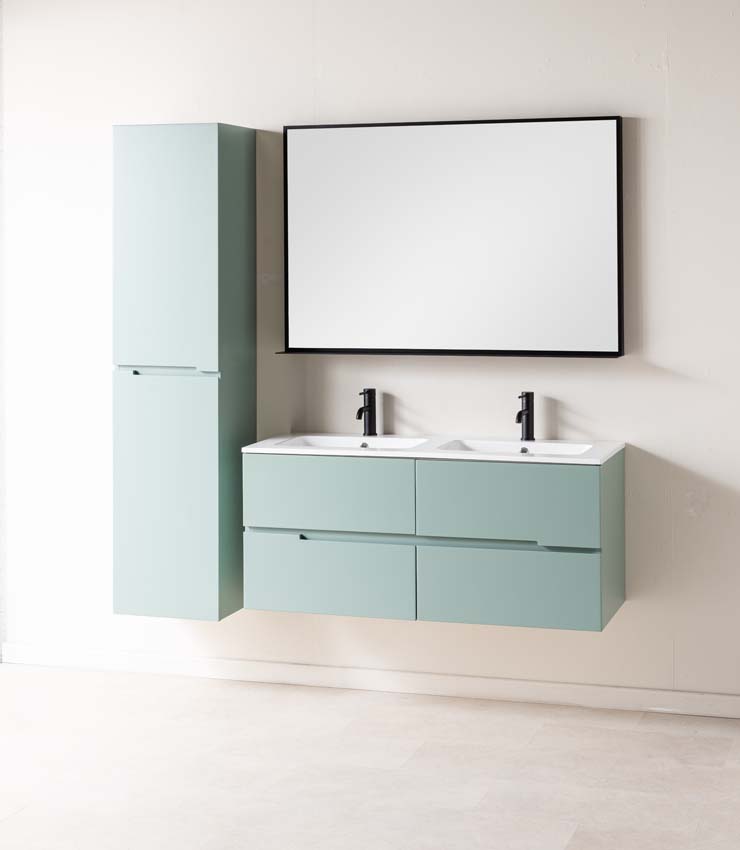 Meuble de salle de bains Truman vert gris suspendu avec lavabo double blanc brillant 120cm