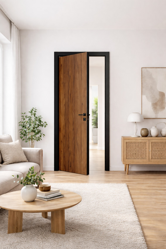 Porte intérieure complète Pure noyer 201,5x83cm aggloméré tubulaire réversible + châssis noir 16,5cm