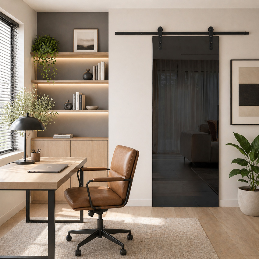 Porte coulissante simple complète Skyline Black verre noir sur mesure + rail noir