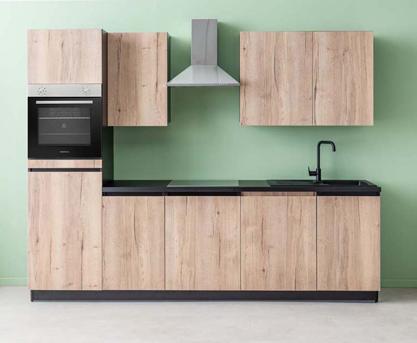 Cuisine Plenti noire/aspect bois 280cm - avec appareils - plaque de cuisson vitrocéramique et hotte murale en inox