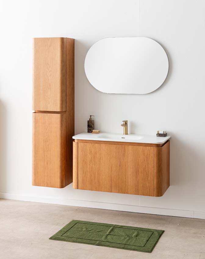 Badkamermeubel Floris eik hangend met enkele wastafel glanzend wit 100cm