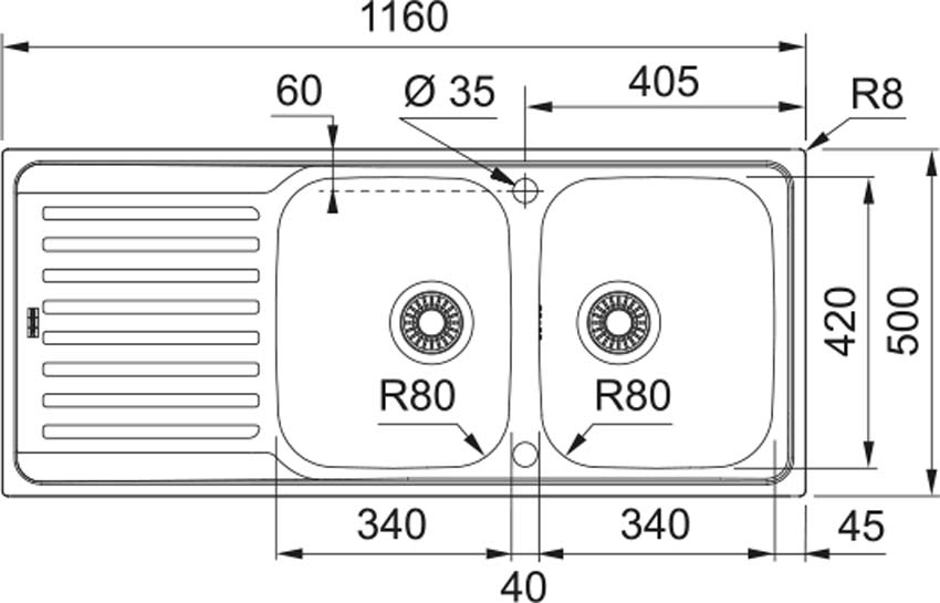 Spoelbak Franke Antea inox 2 bak 116x50cm
