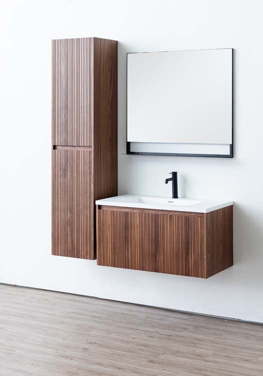 Badkamermeubel Warren walnoot hangend met enkele wastafel mat wit 90cm