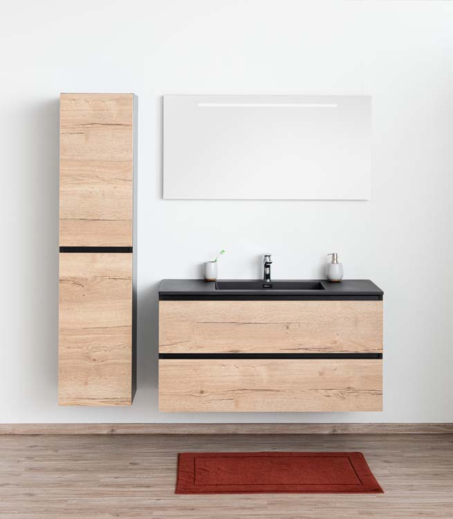 Meuble de salle de bains Dotan chêne suspendu avec lavabo simple noir mat 120cm