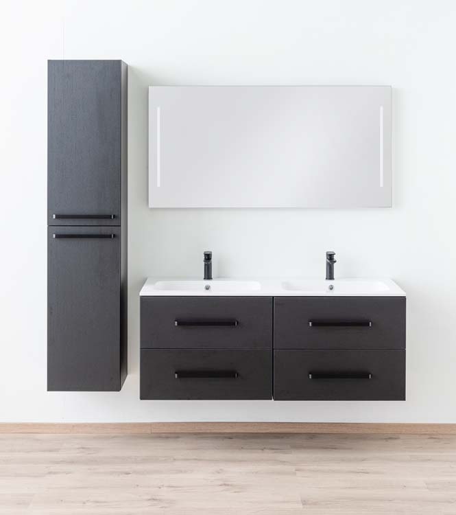 Meuble de salle de bains Plato noir suspendu avec lavabo double blanc brillant et poignées noires 140cm