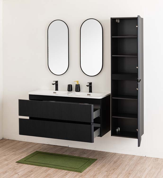 Meuble de salle de bains Julia noir mat suspendu avec lavabo double en marbre minéral blanc brillant 120cm