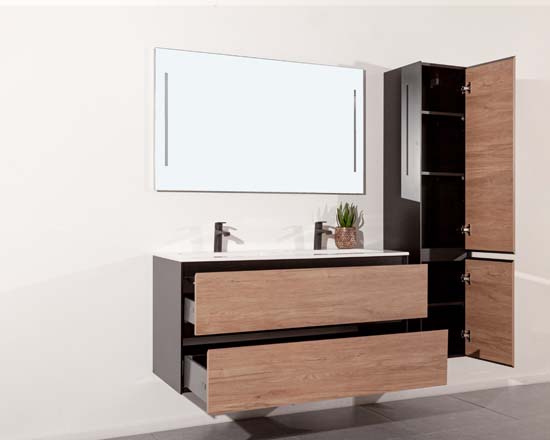 Badkamermeubel Molly houtlook hangend met dubbele wastafel glanzend wit 120cm Badkamermeubel Molly houtlook hangend met dubbele wastafel glanzend wit 120cm
