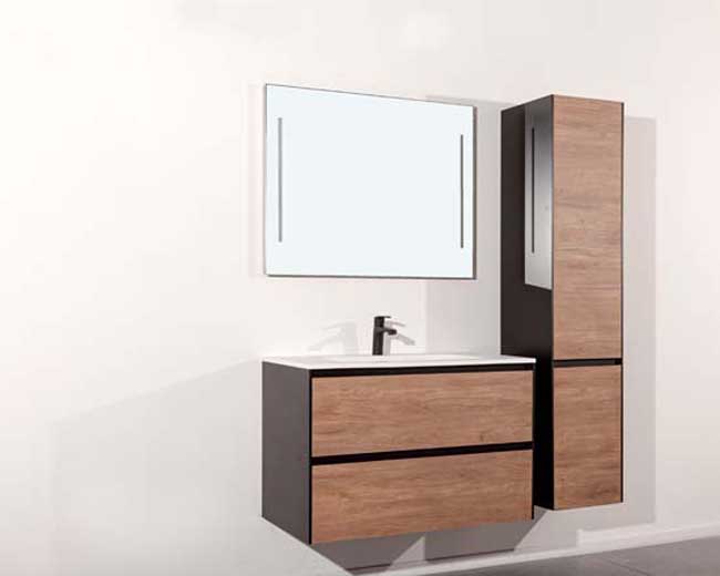 Badkamermeubel Molly houtlook hangend met enkele wastafel glanzend wit 90cm