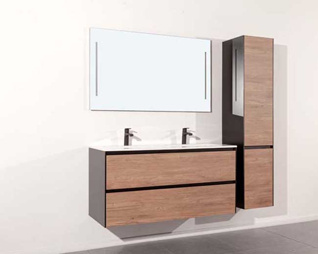Meuble de salle de bains Molly aspect bois suspendu avec lavabo double blanc mat 120cm
