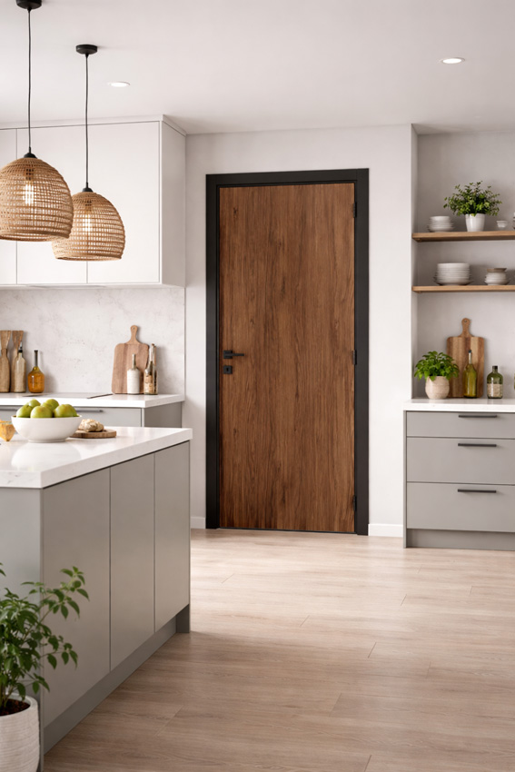 Porte intérieure complète Pure noyer 201,5x63cm aggloméré tubulaire réversible + châssis noir 16,5cm