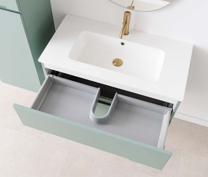 Meuble de salle de bains Truman vert gris suspendu avec lavabo simple blanc brillant 90cm