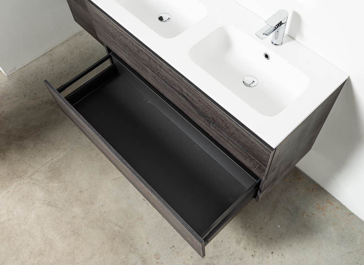 Badkamermeubel Dotan donkere eik hangend met dubbele porseleinen wastafel glanzend wit 120cm