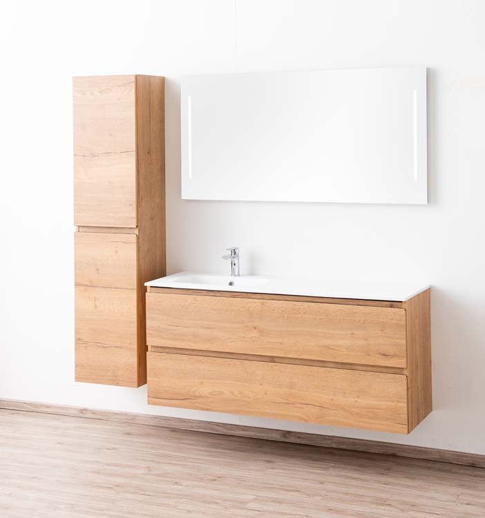 Meuble de salle de bains Daria chêne brun doré suspendu avec lavabo simple à gauche blanc mat 140cm
