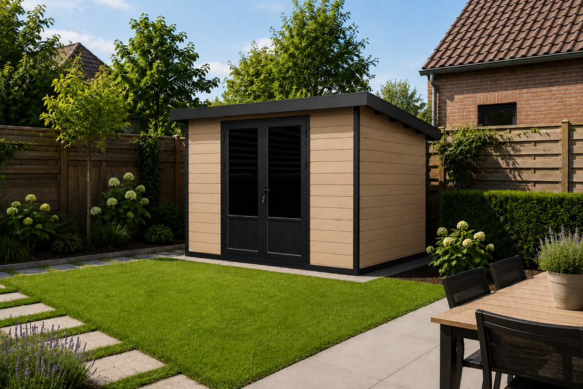 Abri de jardin Yana L en bois composite stone grey/sandstone 290x290cm double porte
