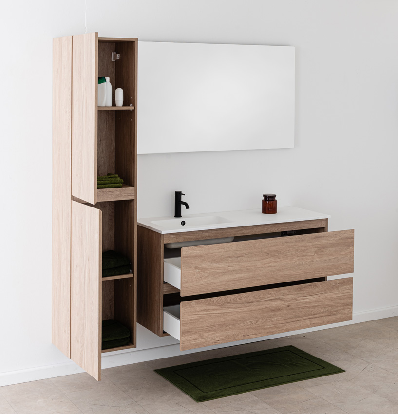 Meuble de salle de bain Bianca aspect chêne suspendu avec lavabo simple blanc mat 120,5cm