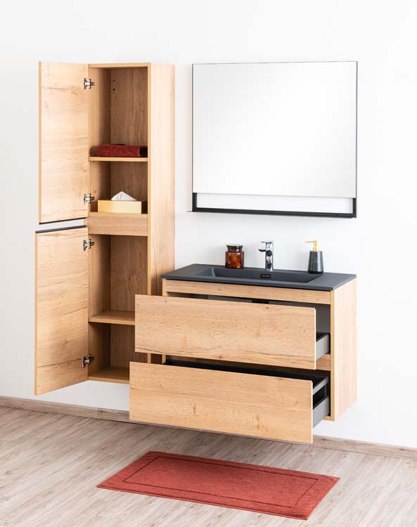 Badmeubel Daria eik goudbruin 900 mm wastafel zwart mat Badmeubel Daria eik goudbruin 900 mm wastafel zwart mat