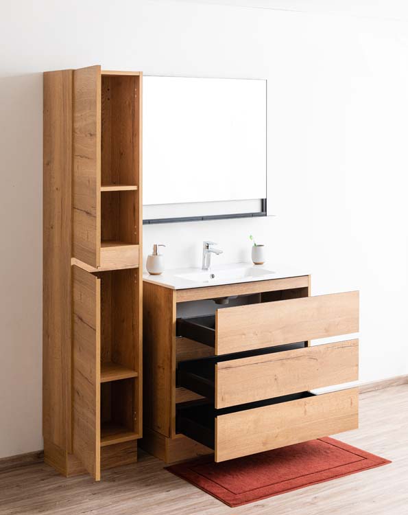 Badkamermeubel Daria eik goudbruin staand met enkele porseleinen wastafel glanzend wit 90cm