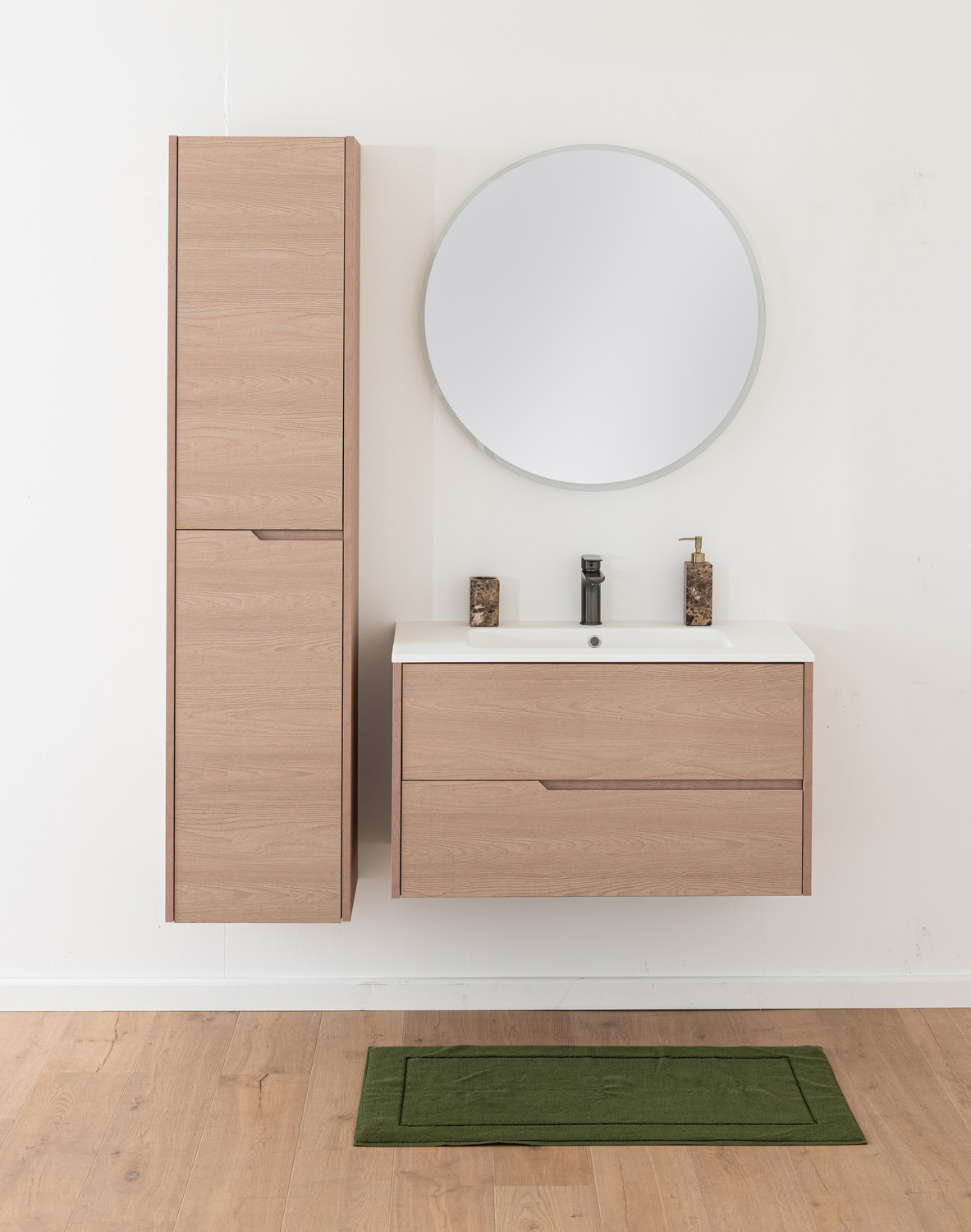 Badkamermeubel Tiago Nordic eik hangend met enkele wastafel glanzend wit 90cm
