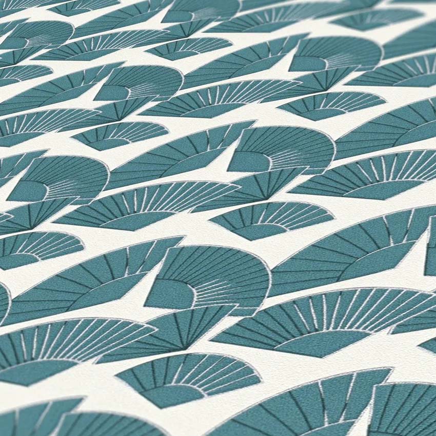 Vinyl op vliesbehang wit + waaiers blauw 0,53x10m