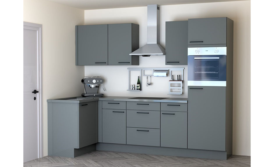 Cuisine d'angle Premium 12B gris foncé 275x130cm - pré-montée - avec appareils - plaque de cuisson vitrocéramique et hotte murale en inox