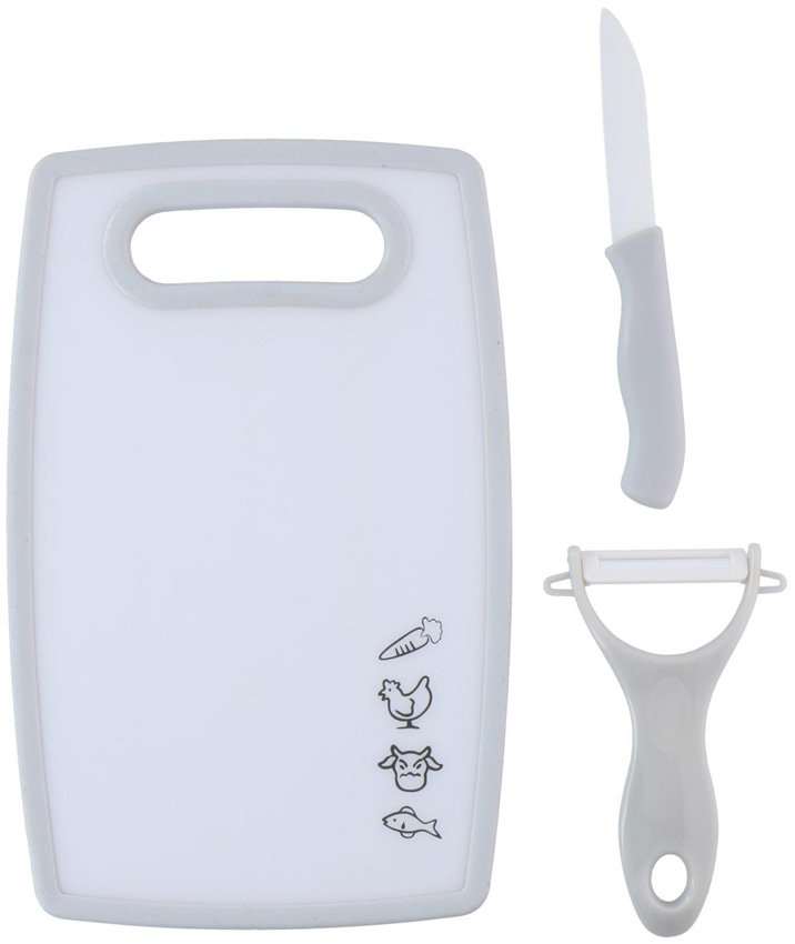 Planche à découper avec éplucheur et couteau plastique gris clair 25x16cm