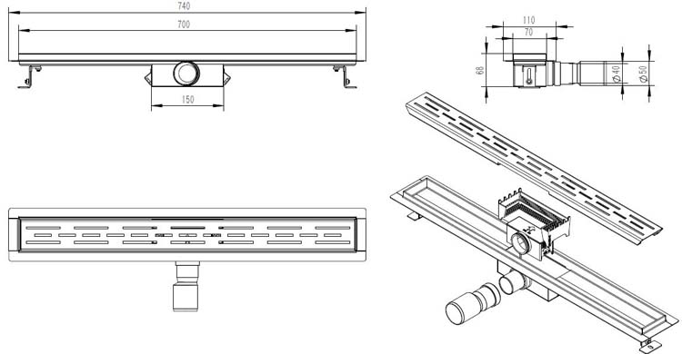 Caniveau de douche inox noir 70cm