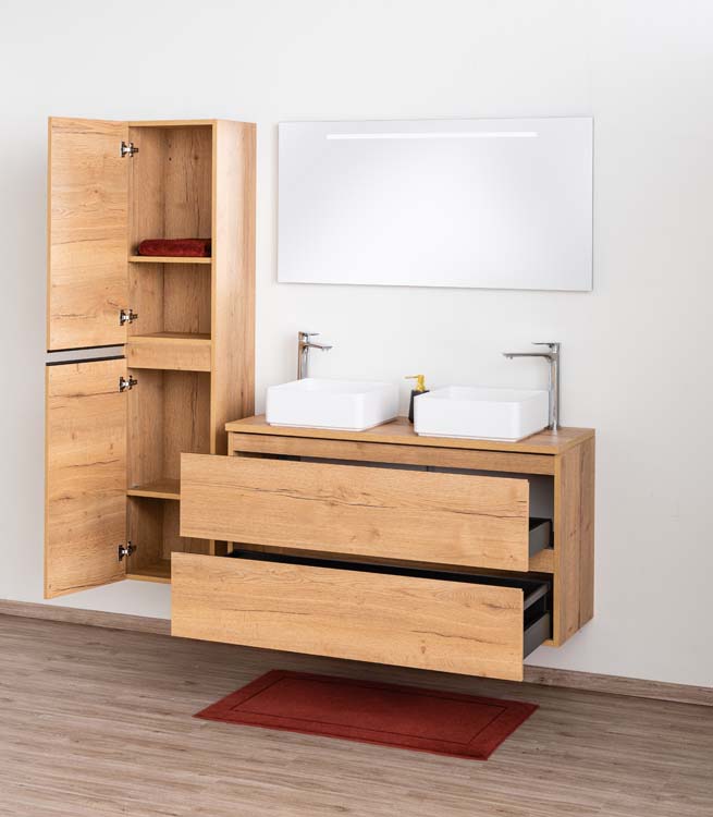 Badkamermeubel Daria eik goudbruin hangend met melamine topblad 120cm