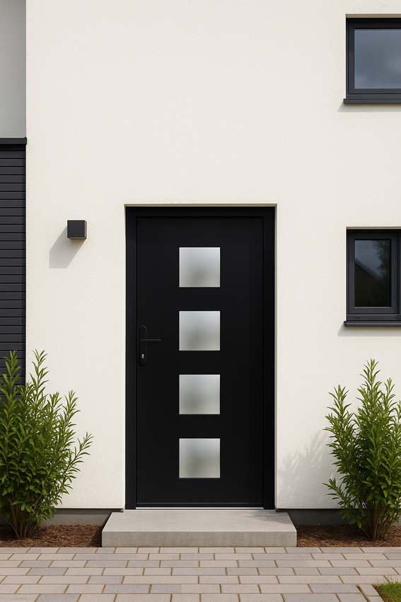 Porte extérieure 4 carrés PVC noir/blanc ouvrant à gauche sur mesure