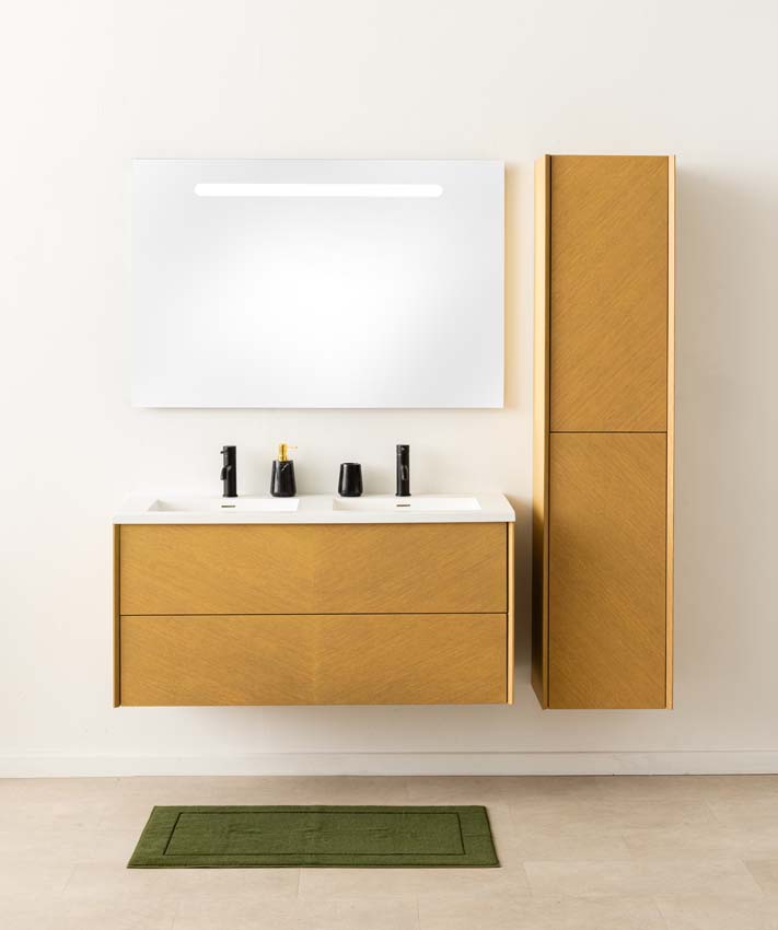 Badkamermeubel Waldorf eik hangend dubbele wastafel solid surface 120cm