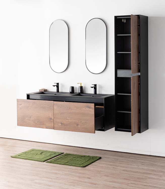 Badkamermeubel Justin notelaar hangend met dubbele wastafel mat zwart 140cm