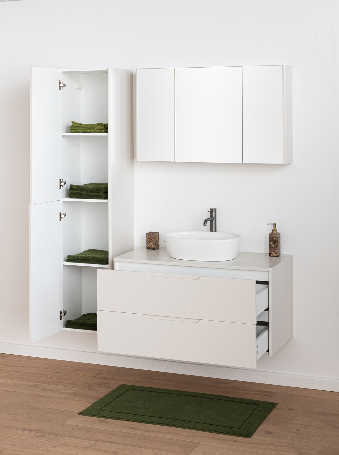 Meuble de salle de bains Billie beige avec vasque à poser blanc brillant 100cm